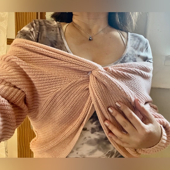 Peach 2-in-1 Knit Crop Sweater Rose Pink Boho Anthro Kawaii Knot Off Shoulder S - Picture 12 of 14